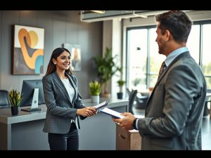 recepcionista corporativo atendendo cliente