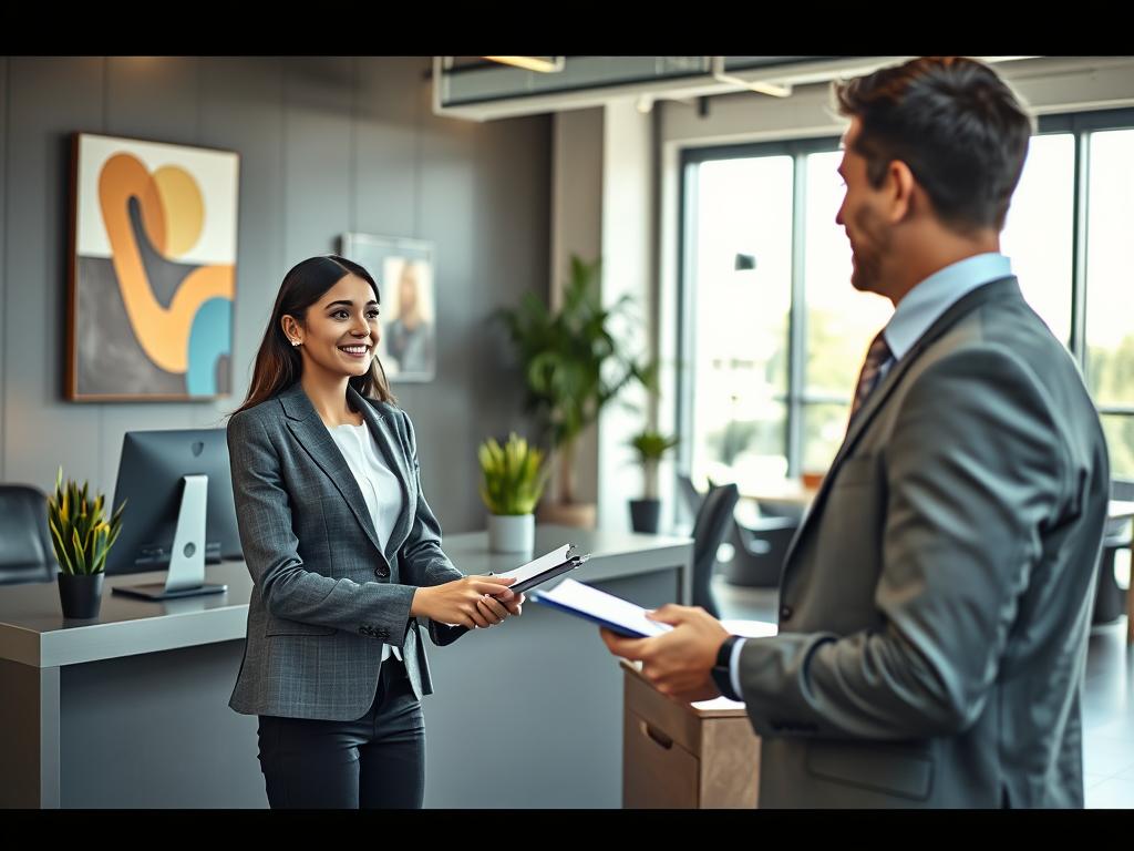 recepcionista corporativo atendendo cliente